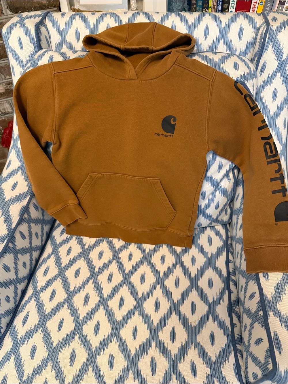 CARHARTT Hooded Fleece Sweatshirt in Carhartt Brown w/ Logo Sleeve Sz S 8-10